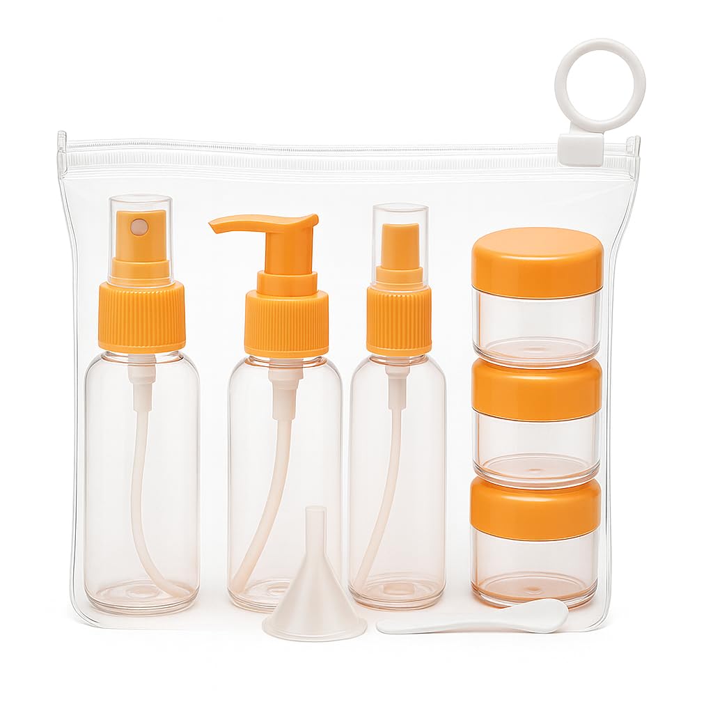 SUWORS Seyahat Kozmetik Seti 9 Parça – 3 Şişe + 3 Krem Kabı + Huni + Spatula + Şeffaf Çanta | Uçak İçin Uygun, Doldurulabilir, Taşınabilir Bakım Seti
