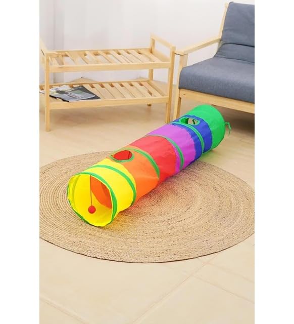 Kedi ve Köpek Oyun Tüneli Gökkuşağı Renkli Katlanır, Uzun Eğlenceli Evcil Hayvan Oyuncak Tüneli (Düz)