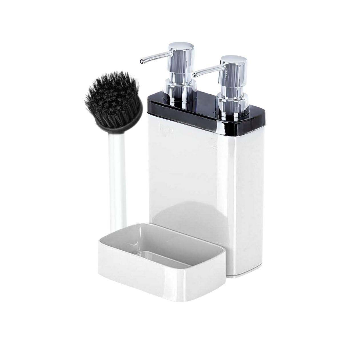 2’li Sıvı Sabun ve Bulaşık Deterjanı Dispenser Seti – Krom Kapaklı, Fırça ve Sünger Hazneli Şık Mutfak/Banyo Organizer