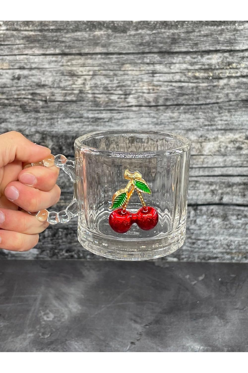 YzHome 3 Lü Kulplu Özel Tasarım Kiraz Model Boncuklu Kristal Cam Bardak Kupa 300ml