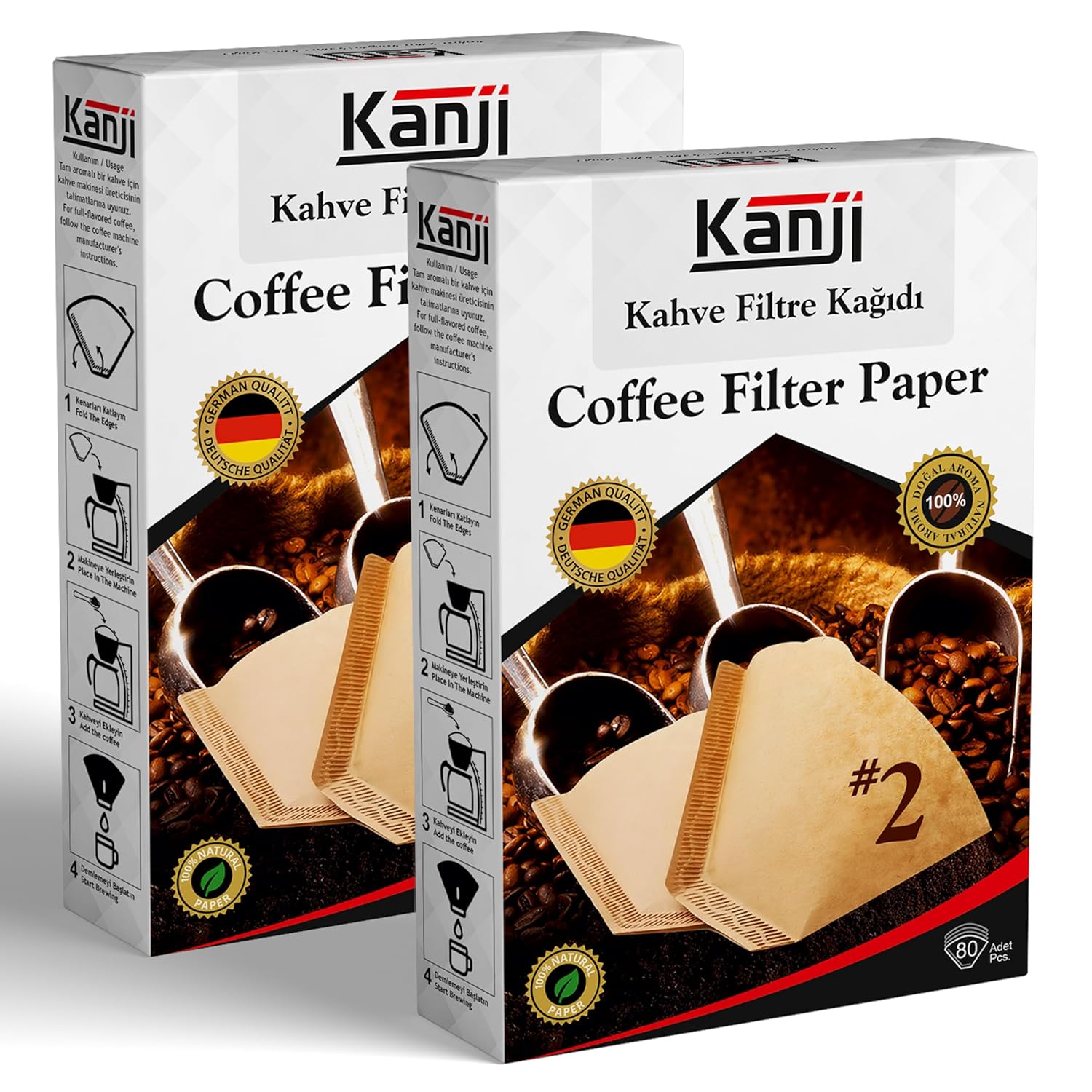 Kanji 2 Adet Filtre Kahve Kağıdı 80'li Ebat : 1x2 No : 2 | Coffee Filter Paper | Kahverengi. Ağartılmamış. Doğal Kağıt | Alman Kalitesi