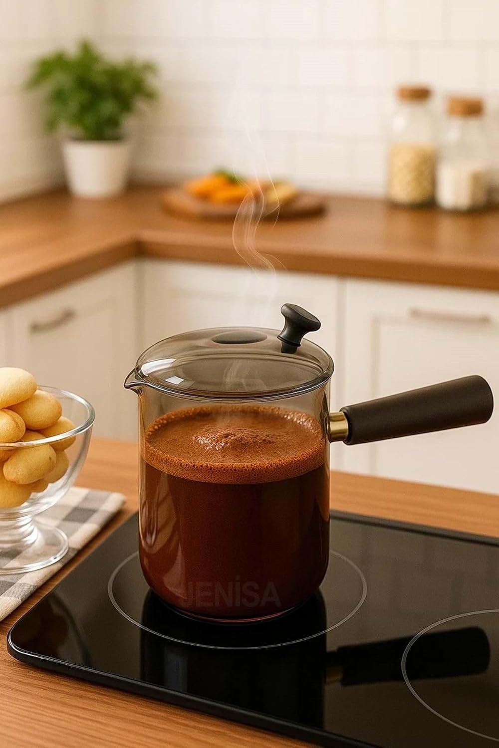 Jenisa Çok Amaçlı Isıya Dayanıklı Cam Cezve & Sosluk 550 ml - Ahşap Saplı Modern Tasarım