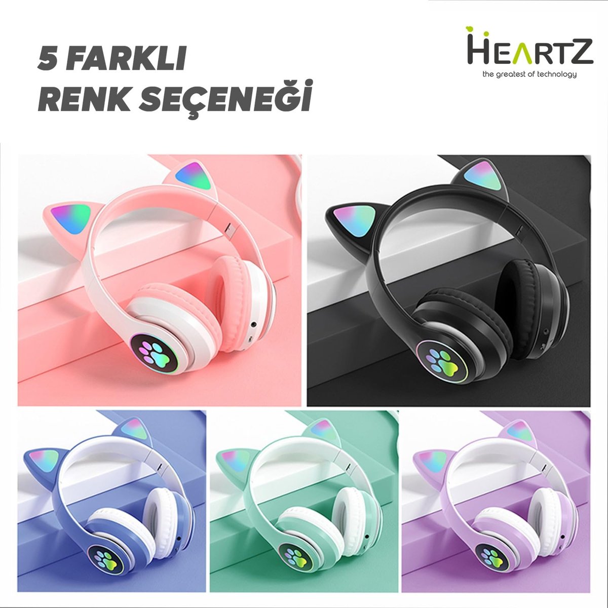 HEARTZ H10 CAT KEDİLİ LED IŞIKLI KAFAÜSTÜ BLUETOOTH KULAKLIK (LİLA MOR)