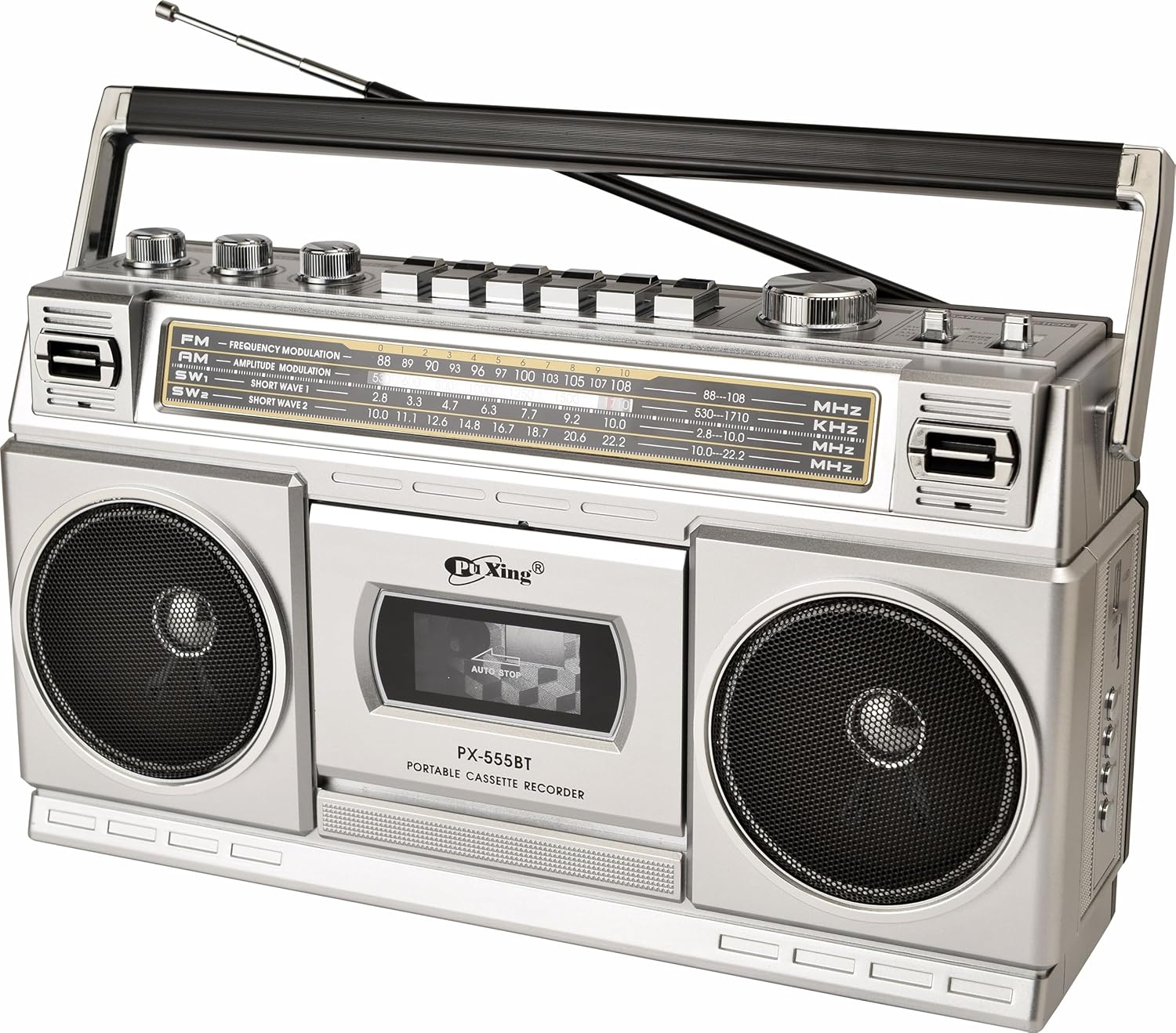 Coverzone Teleskopik Antenli Kaset Çalar Radyo – AM/FM/SW1-2 4 Bant, Bluetooth/USB/TF MP3 Müzik Çalar, Kayıt Özellikli, Kulaklık Girişli, 220V veya 6V Pille Çalışma | CVR-555BT (Gri)