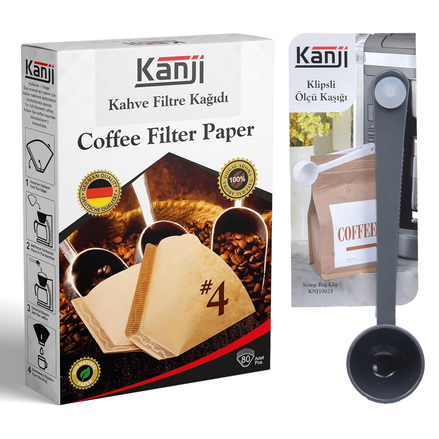 Kanji Kahve Filtre Kağıdı No:4 (1x4) 80'li + Klipsli Çay Kahve Ölçü Kaşığı | Gri Demleme Seti | Ağartılmamış Doğal Kağıt | 6-12 Fincan Uyumlu