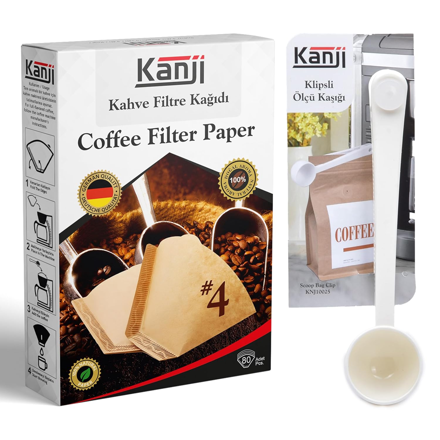 Kanji Kahve Filtre Kağıdı No:4 (1x4) 80'li + Klipsli Çay Kahve Ölçü Kaşığı | Beyaz Demleme Seti | Ağartılmamış Doğal Kağıt | 6-12 Fincan Uyumlu