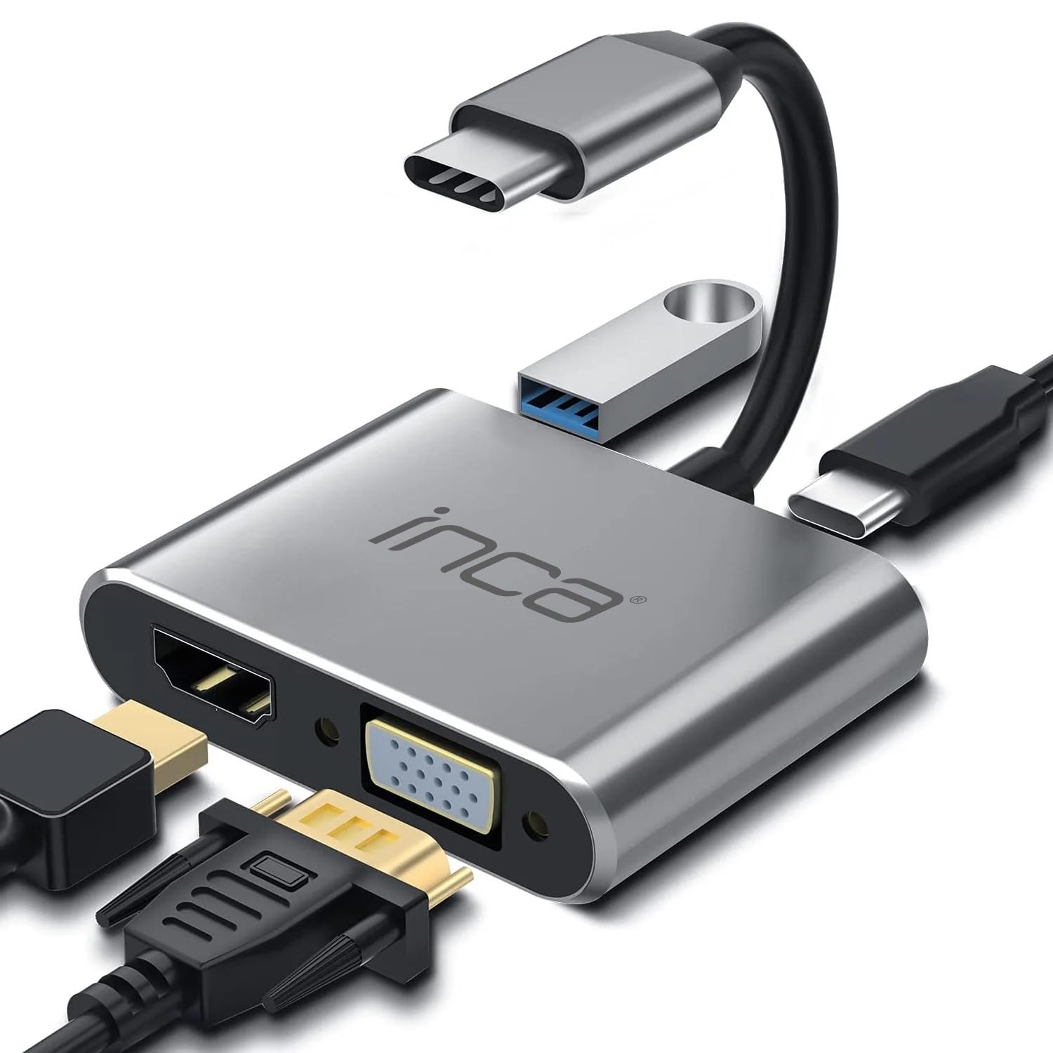 Inca ITPC-06TXT 4'ü 1 Arada Type-C Hub Adaptör, HDMI 4K@30Hz, VGA 1080P@60Hz, USB 3.0, 100W PD Güç Dağıtımı, Alüminyum Kasa