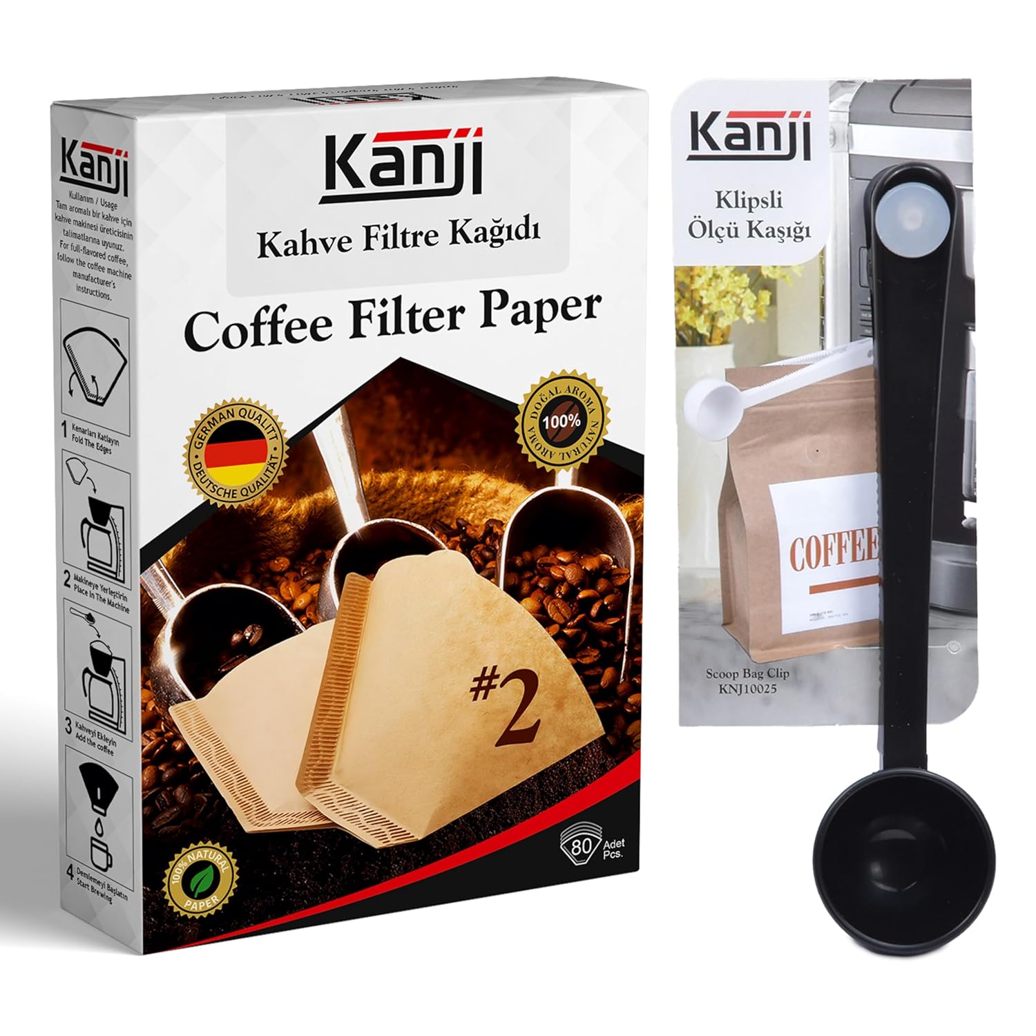 Kanji Kahve Filtre Kağıdı No:2 (1x2) 80'li + Klipsli Çay Kahve Ölçü Kaşığı | Siyah Demleme Seti | Ağartılmamış Doğal Kağıt | 1-6 Fincan Uyumlu