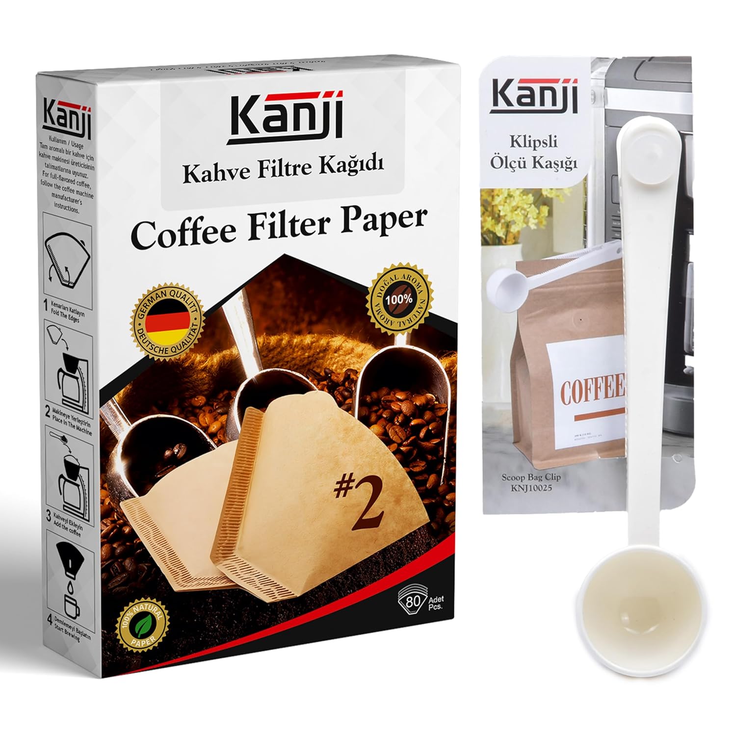 Kanji Kahve Filtre Kağıdı No:2 (1x2) 80'li + Klipsli Çay Kahve Ölçü Kaşığı | Beyaz Demleme Seti | Ağartılmamış Doğal Kağıt | 1-6 Fincan Uyumlu