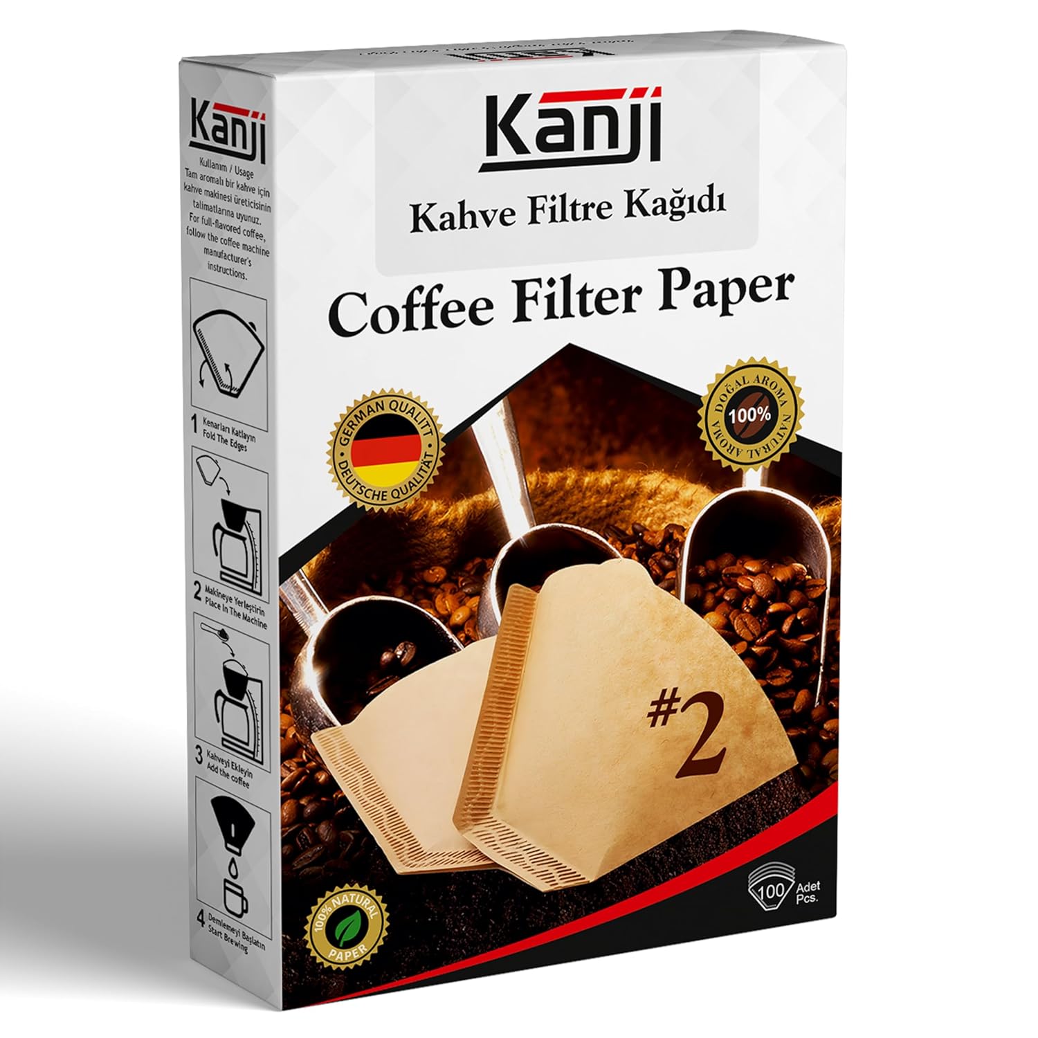 Kanji Kahve Filtre Kağıdı 100'lü Ebat : 1x2 No : 2 | Coffee Filter Paper | Kahverengi. Ağartılmamış. Doğal Kağıt | Alman Kalitesi