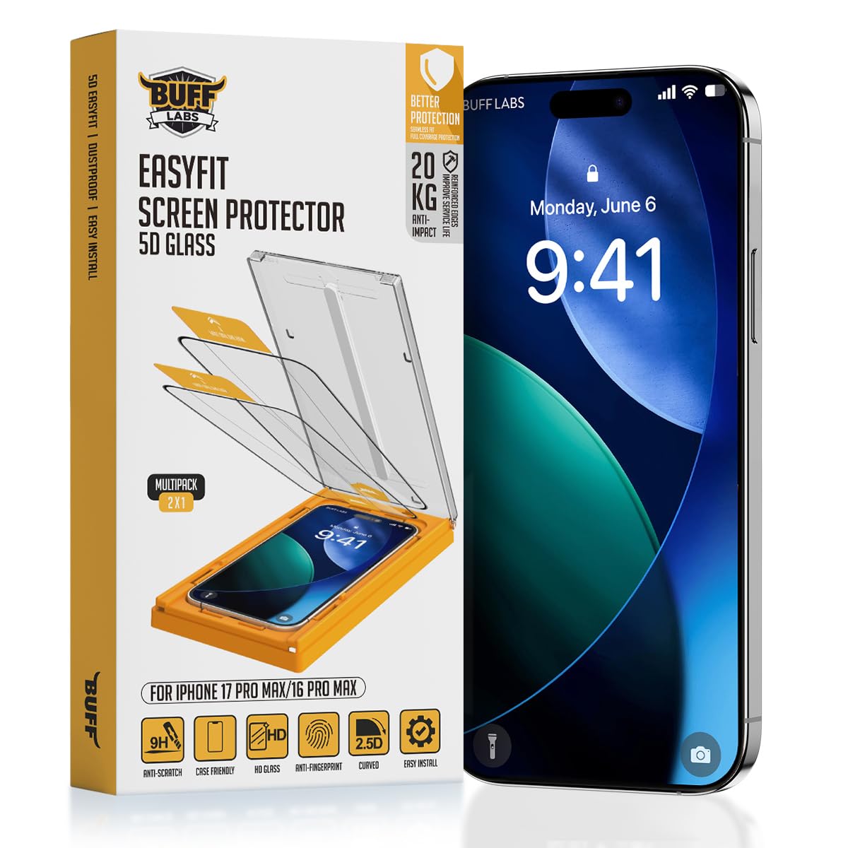 BUFF LABS 5D Glass EasyFit 2 Adet Kolay Uygulama Aparatlı Ekran Koruyucu Temperli Şeffaf Cam (iPhone 17 Pro Max/iPhone 16 Pro Max)