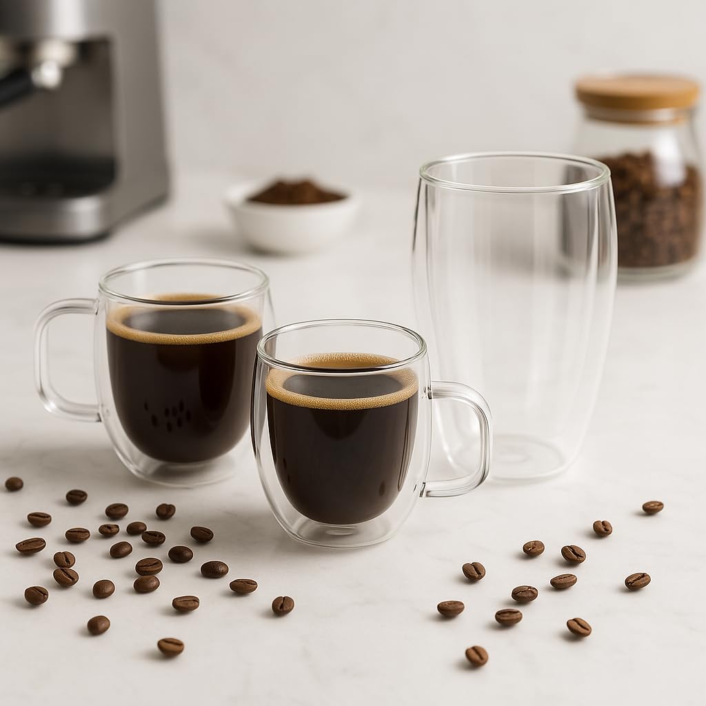 ARVALE Çift Cidarlı Cam Kupa Ev Ofis Fincanı Isı Yalıtımlı Kulplu Cam Bardak (3'lü My Coffee Set)