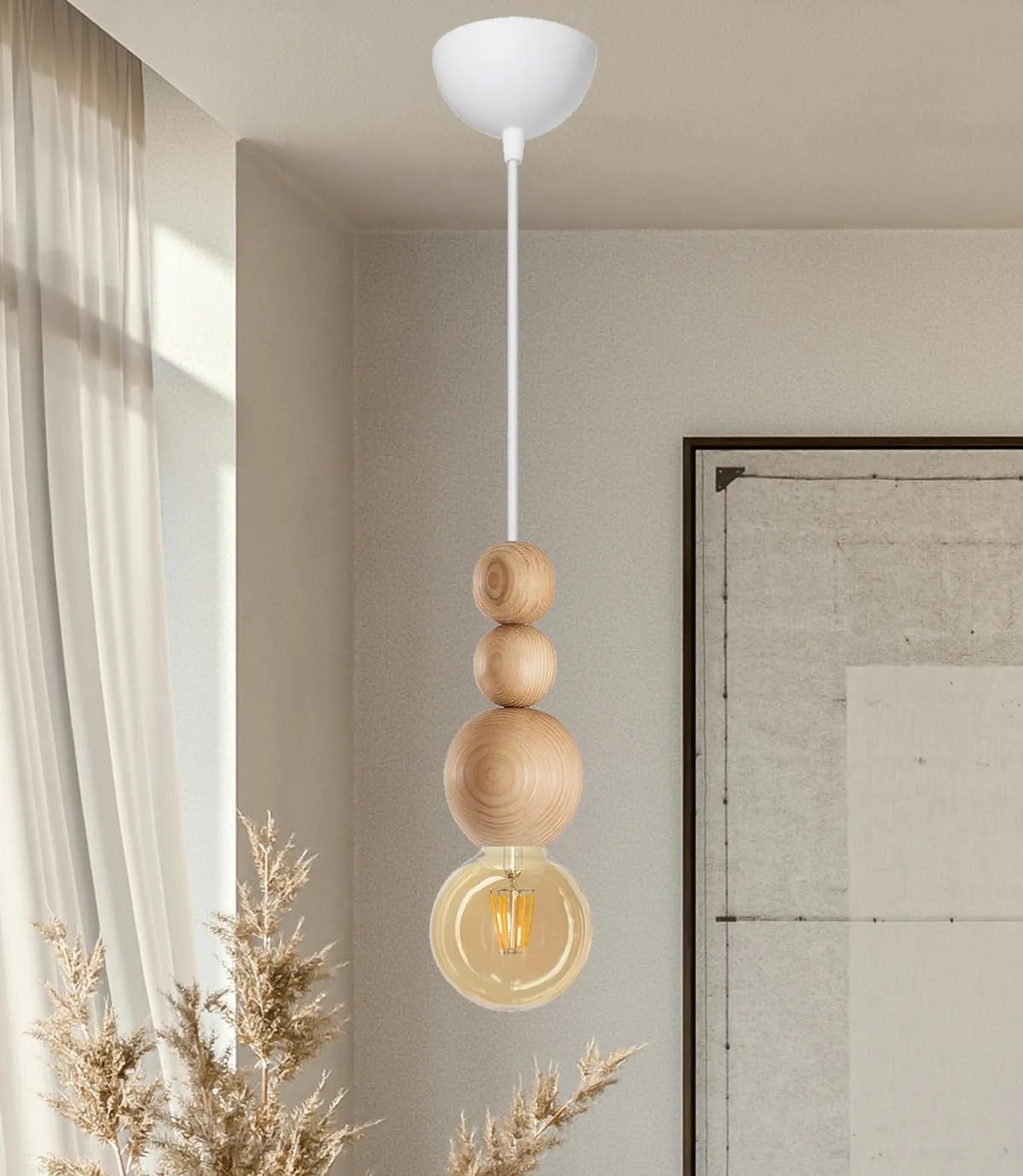 Ahşap Detaylı Modern Bohem Rustik Sarkıt Avize Şık Ve Doğal Tasarım Salon Oturma Odası (Beyaz Tekli Boncuk)