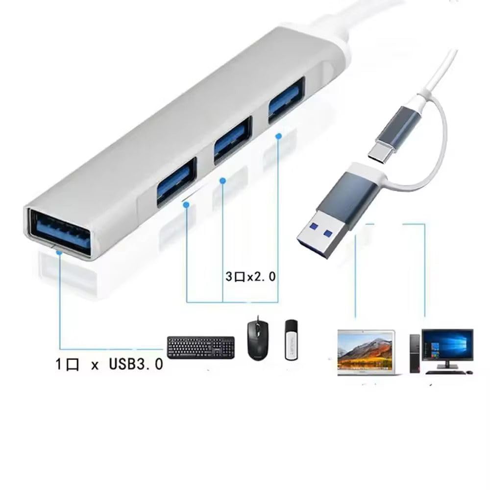 Orret Home 4 Port USB Çoklayıcı ve Type-C Adaptör – 2 in 1 Multi USB 3.0 Hub, MacBook Pro/Air ve Type-C Cihazlar ile Uyumlu, OTG Destekli USB Dönüştürücü