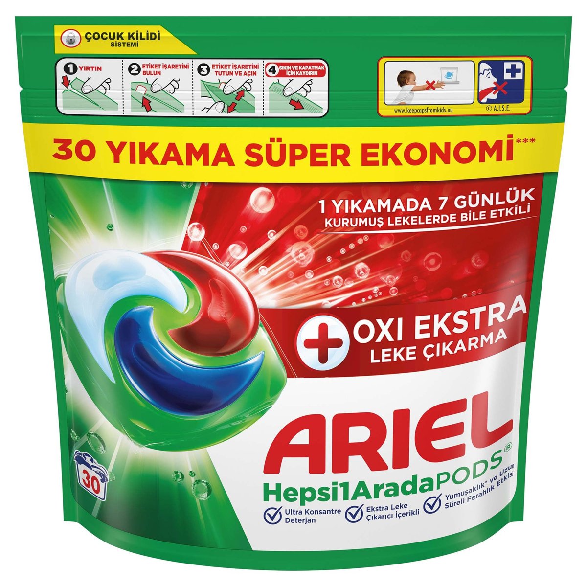 Ariel Hepsi1Arada PODS Oxi Extra Leke Çıkarma Kapsül Çamaşır Deterjanı Beyazlar ve Renkliler 30 Yıkama