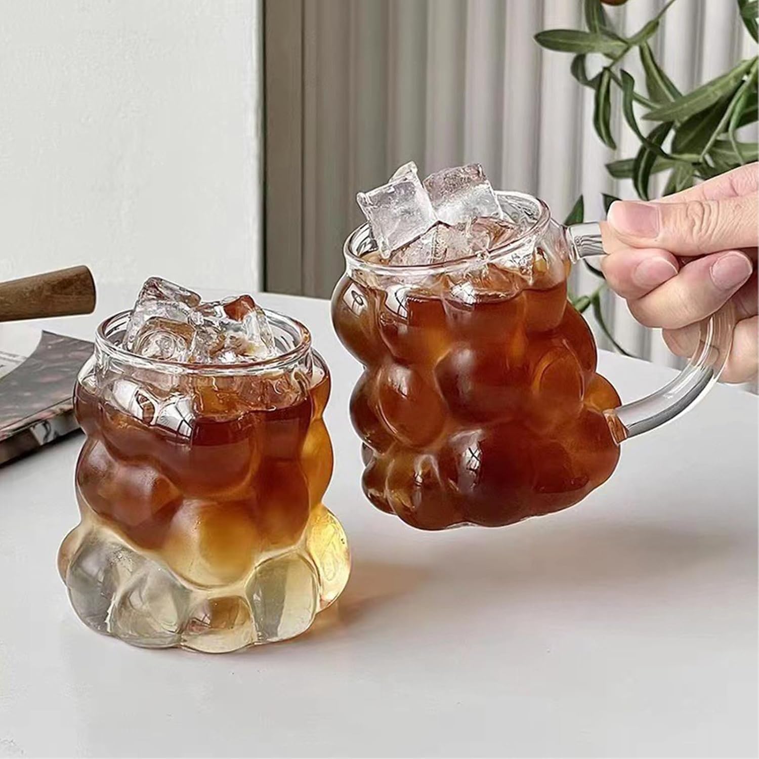 AEE® 2 Adet Kulplu Boncuk Şekilli Cam Bardak – 350ml Borosilikat Üzüm & Kabarcıklı Tasarım | Isıya v