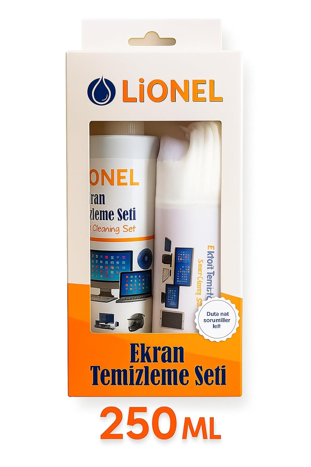 Lionel Ekran Temizleme Seti – 250 ml Antistatik Sprey + 30x30 cm Mikrofiber Bez | TV, Bilgisayar, Telefon, Tablet, Kamera Lens ve Gözlük Temizleyici