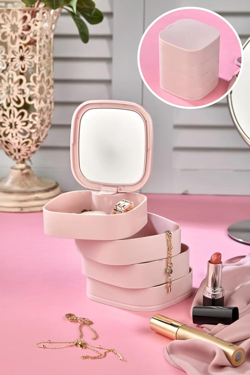 Deconox Aynalı 4 Katlı Kare Takı ve Makyaj Organizeri
