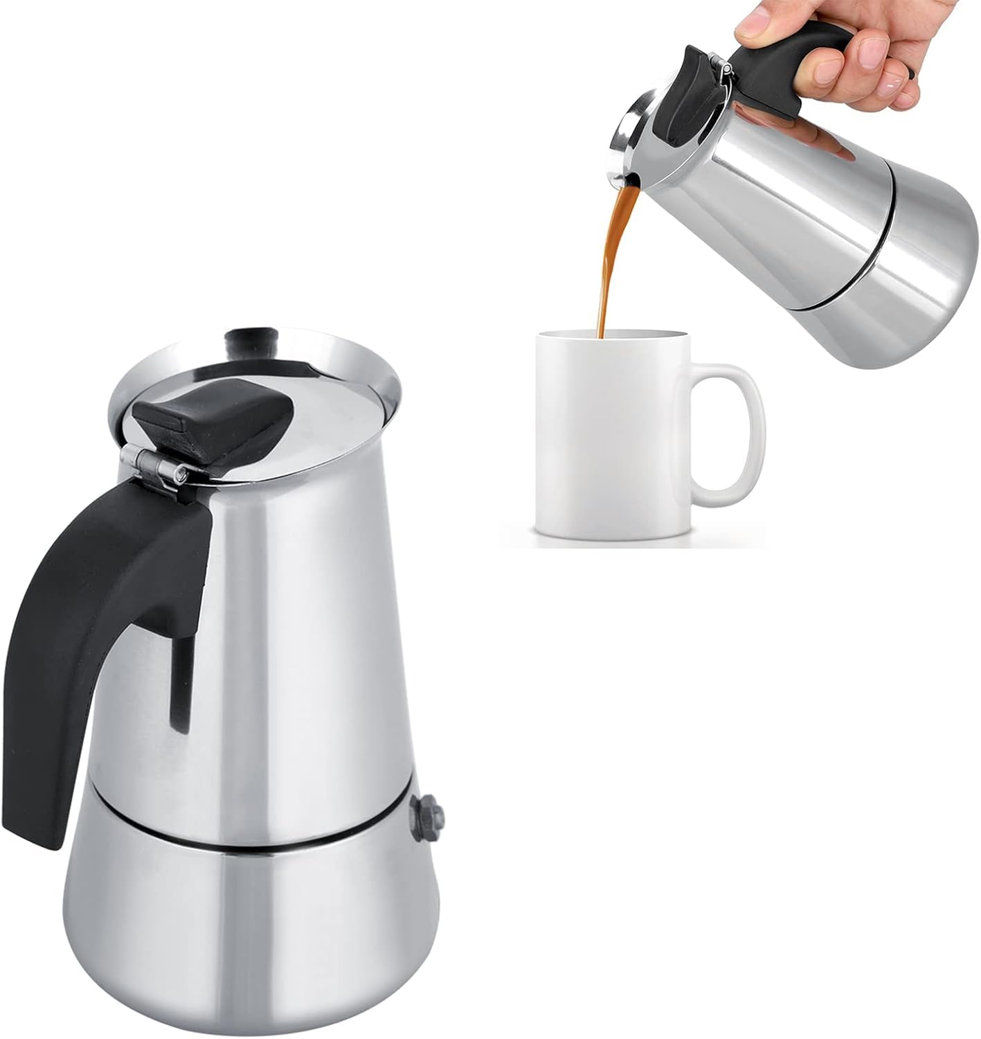 MallArt® Paslanmaz Çelik Espresso Moka Pot - İndüksiyon Uyumlu, Manuel Espresso Cezvesi, Ocak Üstü Espresso Makinesi, Kolay Temizlenebilir & Dayanıklı Tasarım (6 CUP (300ML))