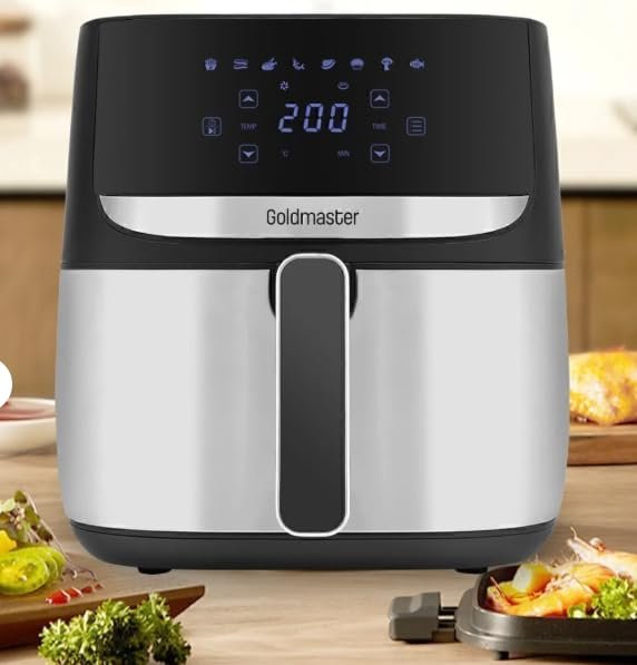 Goldmaster Optima Airfryer, 5+ L Kapasiteli, 8 Ön Programlı, Dijital Dokunmatik, Yağsız Kızartma, Sıcak Hava Fritöz, İnox, Plastik, 1700 Watt