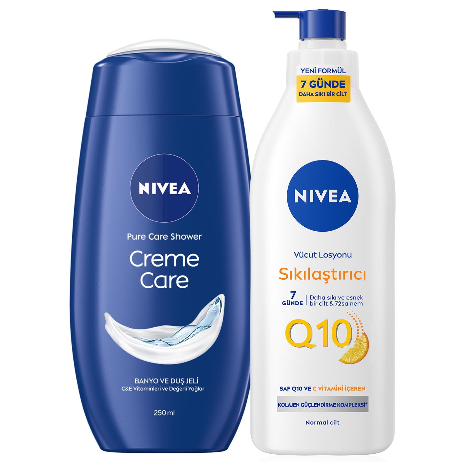 Nivea Creme Care Nemlendirici Duş Jeli 250ml ve Q10 Sıkılaştırıcı Vücut Bakım Losyonu 400ml, C Vitamini