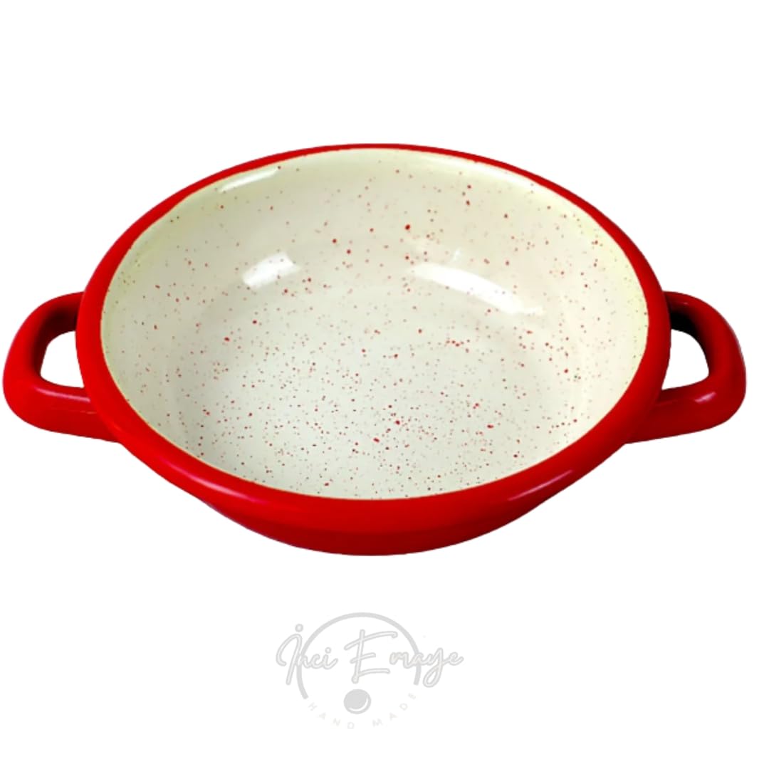 Çift Kulplu Emaye Kase – Turkuaz Kenarlı, Dayanıklı Sunum Kabı | Şık Kahvaltı ve Sahanda Yumurta Tabağı, Fırın & Ocak Uyumu, Retro Tasarım (kırmızı)