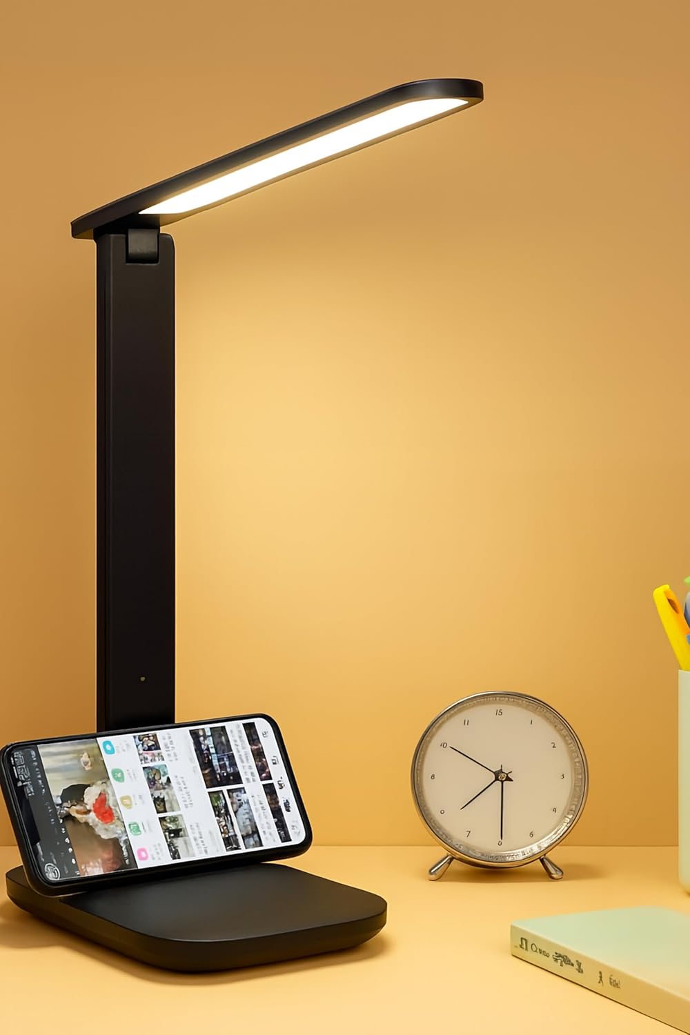 Şarjlı Masa Lambası 3 Renk Dokunmatik Telefon Standlı Kademeli Çalışma Okuma Işığı Lambası 9W (Siyah)