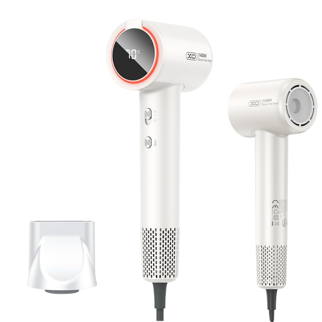 XO Dijital Ekranlı Saç Kurutma Makinesi – 1600W Güçlü Fırçasız Motor, 3 Hız ve 4 Sıcaklık Ayarı, LED Ambient Işık, Soğuk Hava ve İyon Teknolojisi, Hafif ve Ergonomik Tasarım, CF29, Gri