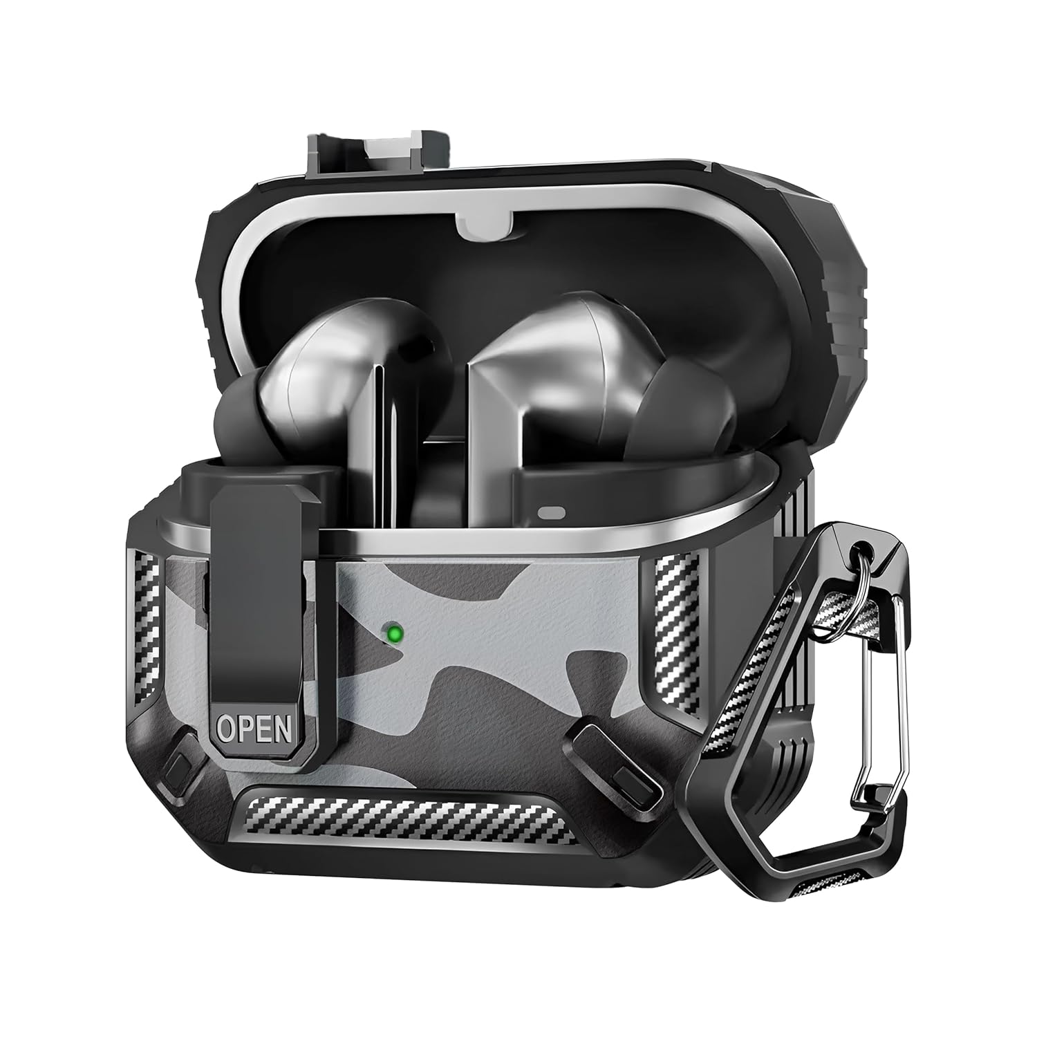 Teknoft Samsung Galaxy Buds 3 Pro ve Buds 3 ile Uyumlu Mandallı Kapak Kilit Sistemli Mat Dokulu Darbelere Dayanıklı Kamuflaj Silikon Kılıf (Siyah)