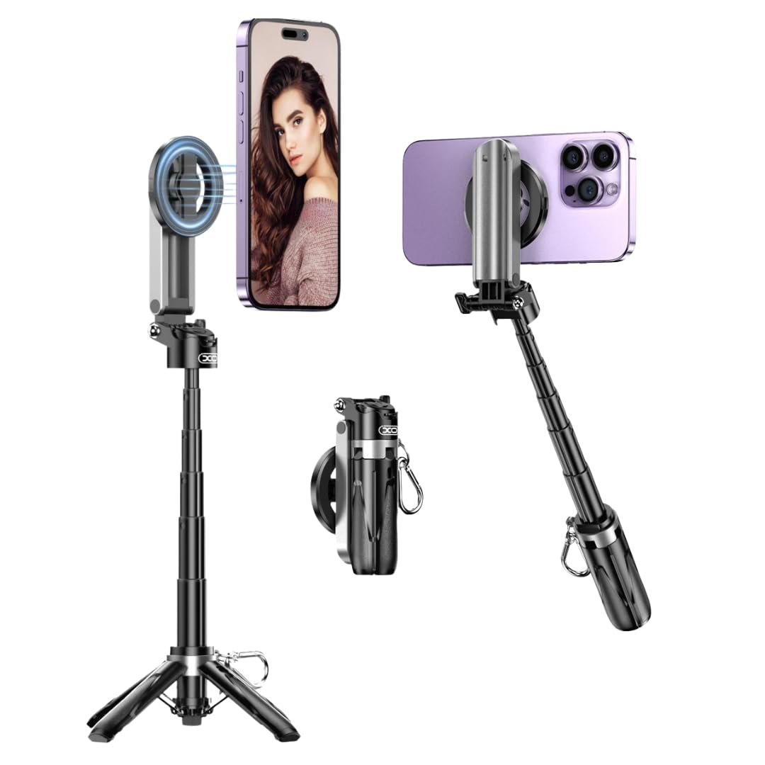 XO MagSafe ile uyumlu Bluetooth Selfie Stick Tripod – Manyetik Telefon Tutucu, 360° Döner Başlık, Tek Tuşla Açılır, 11.5-41cm Teleskopik Uzatma, 4.7-7 inç, ABS + Alüminyum Alaşım, SS22, Siyah