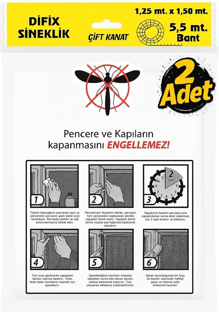 Proalet Çift Kanat Pratik Sineklik, 1,25  m x 1.5 m Tül, Kapı & Pencere Uyumlu, 5,5 m Yapıştırma Bantlı (2 Adet)