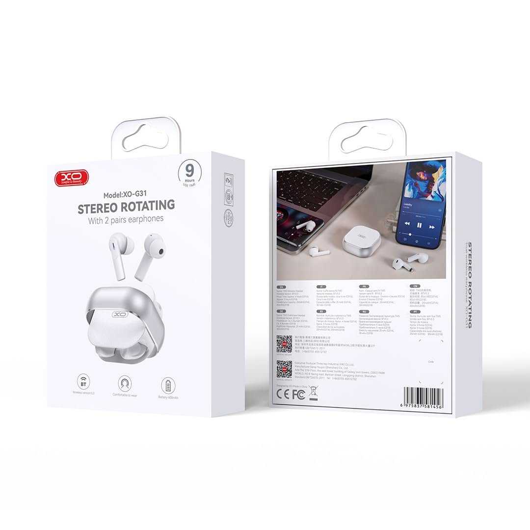 XO Bluetooth 5.3 Kablosuz Kulaklık – 2 Çift (Silikonlu & Silikonsuz) TWS Tasarım, ENC Gürültü Engelleme, 400mAh Şarj Kutusu, 5 Saat Müzik, Type-C Hızlı Şarj, G31, Beyaz