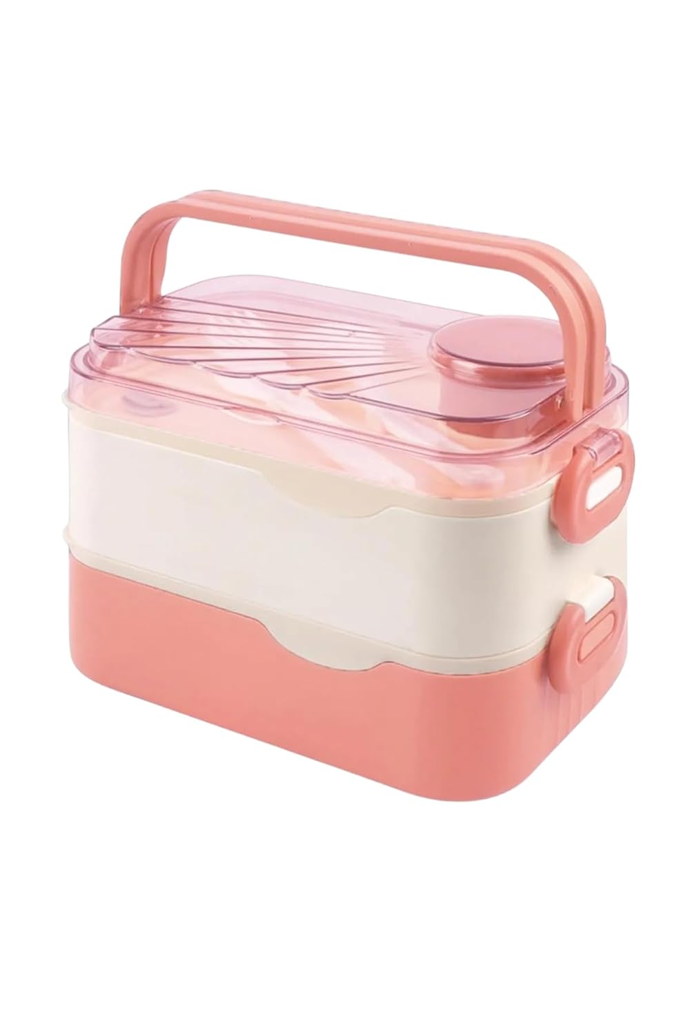 Vagonlife Bento 1350ml Lunchbox 2 Katlı 3 Bölmeli ve Sosluklu Çelik Sefer Tası Yemek Kutusu Çatal Kaşık Hediyeli (Pembe)