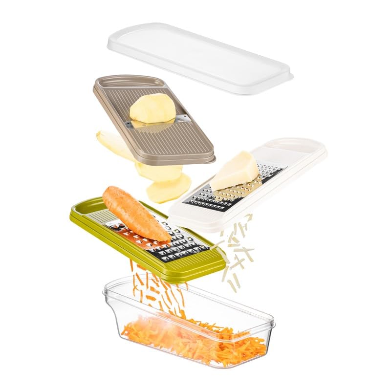 3 Fonksiyonlu Hazneli Rende Seti – İnce & Kalın Rende + Dilimleyici, Paslanmaz Çelik Bıçaklı