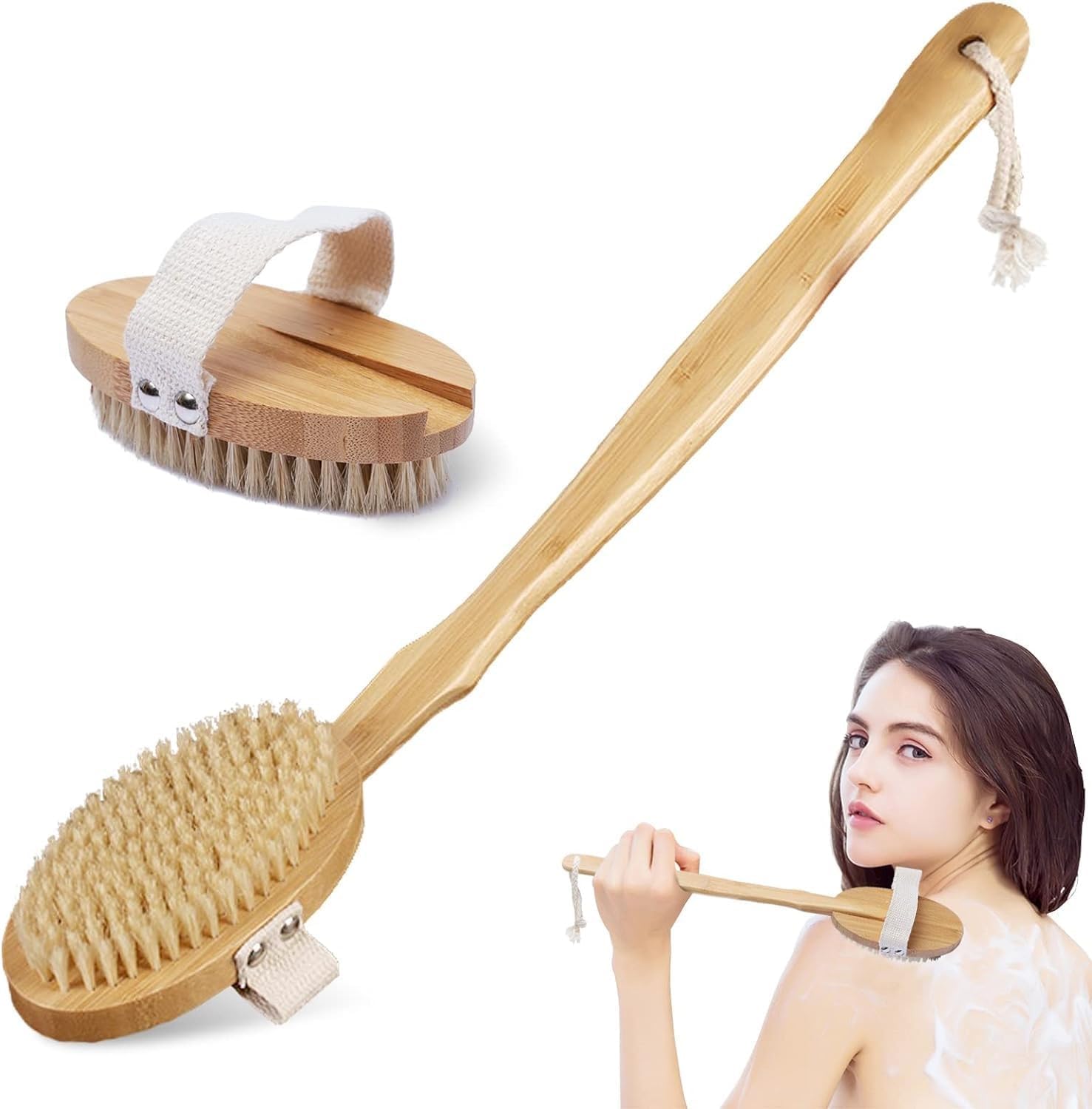 SUWORS Doğal At Kılı Banyo Fırçası – Selülit Karşıtı, Masaj ve Peeling İçin Ahşap Fırça, Saplı & Sapsız Kullanım