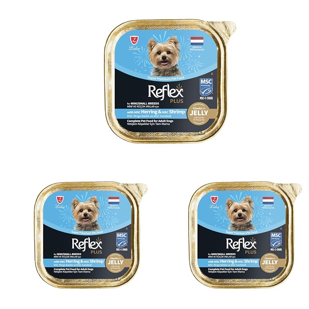 Reflex Plus Chunks in Jelly Ringa Balıklı ve Karidesli Mini ve Küçük Irklar Yetişkin Köpek Maması 85 Gr 3lü paket
