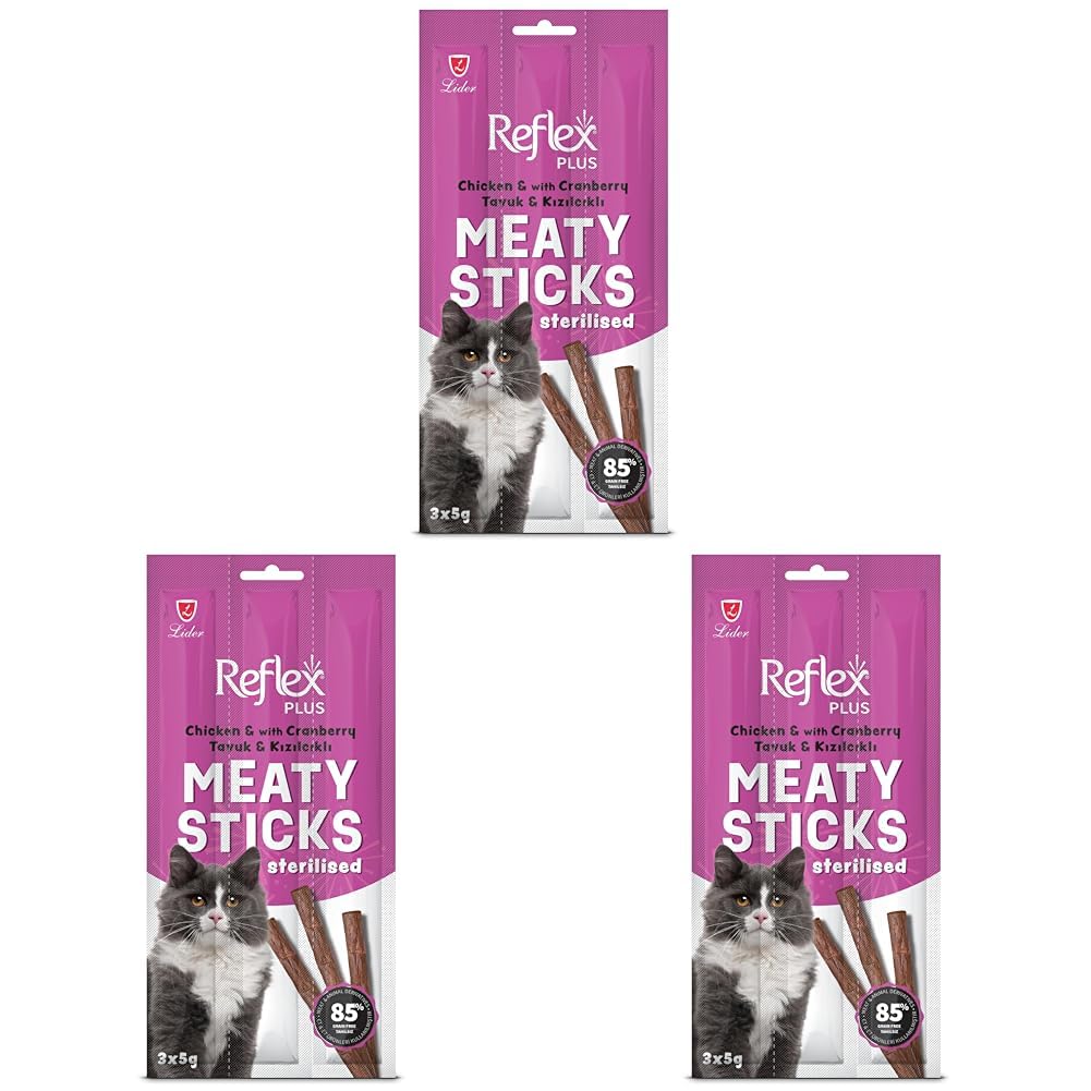 Reflex Plus Sterilised Adult Cat Stick Treats With Chicken&Cranberry 15 Gr 3lü paket