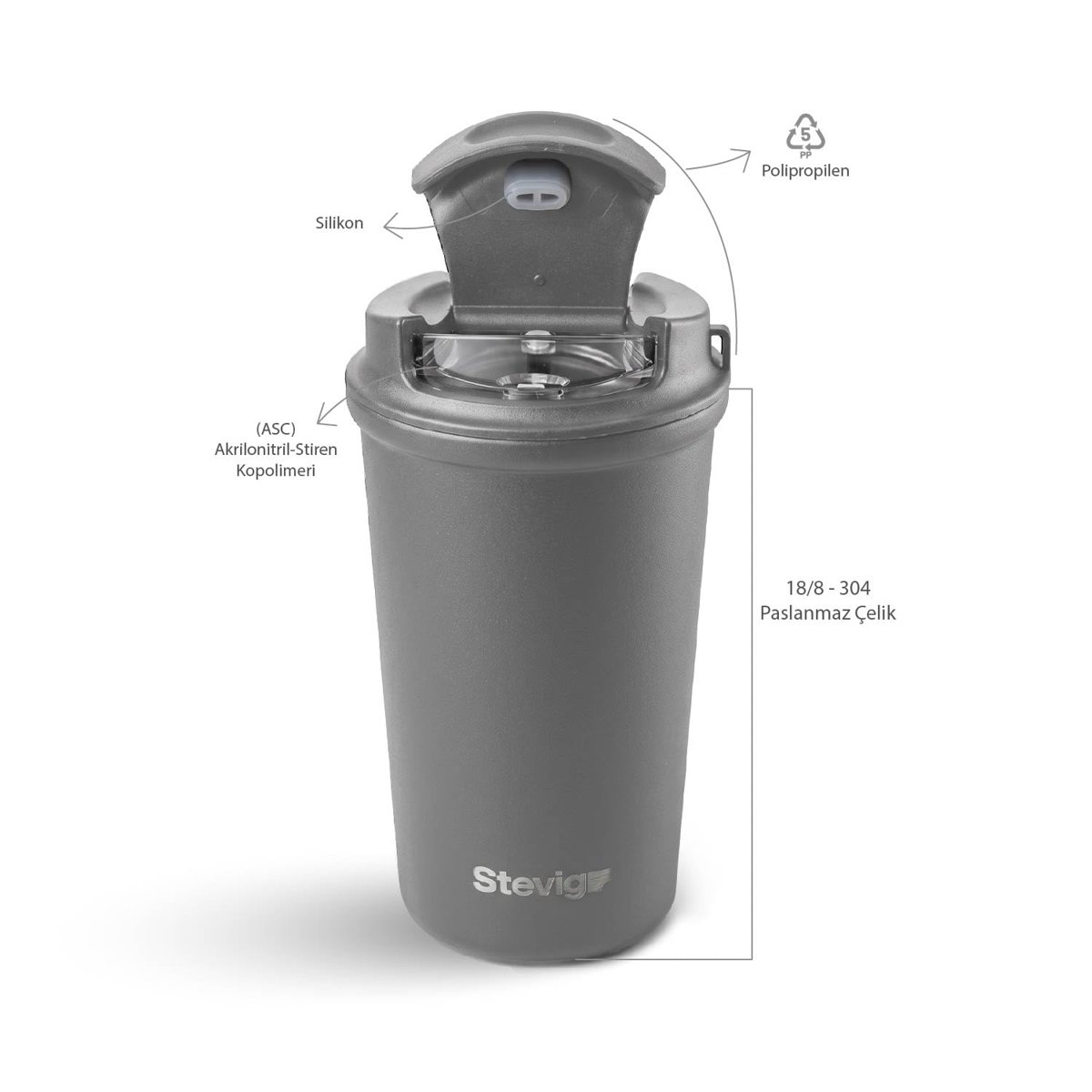4 Work Flip Open Coffee Mug Çelik Termos 400 Mililitre Grey ST-251