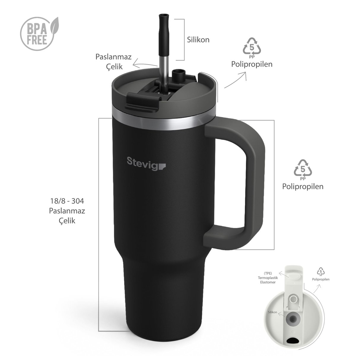 2 Moods Tuck-in Tumbler Sızdırmaz Çelik Termos 900 Mililitre Black ST-236