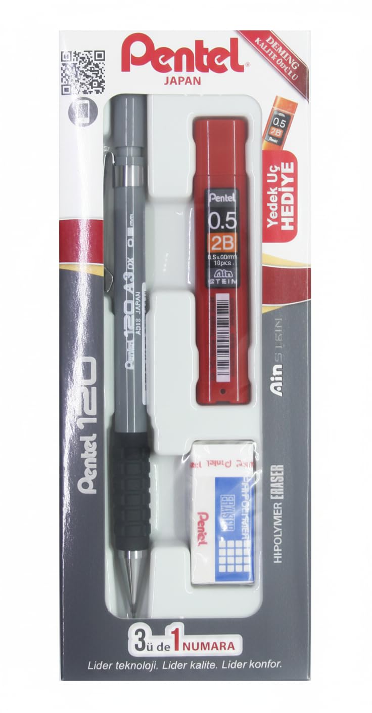 Pentel 120A3 3'lü Takım - Versatil + Silgi + Hediye Min Okul Seti GRİ