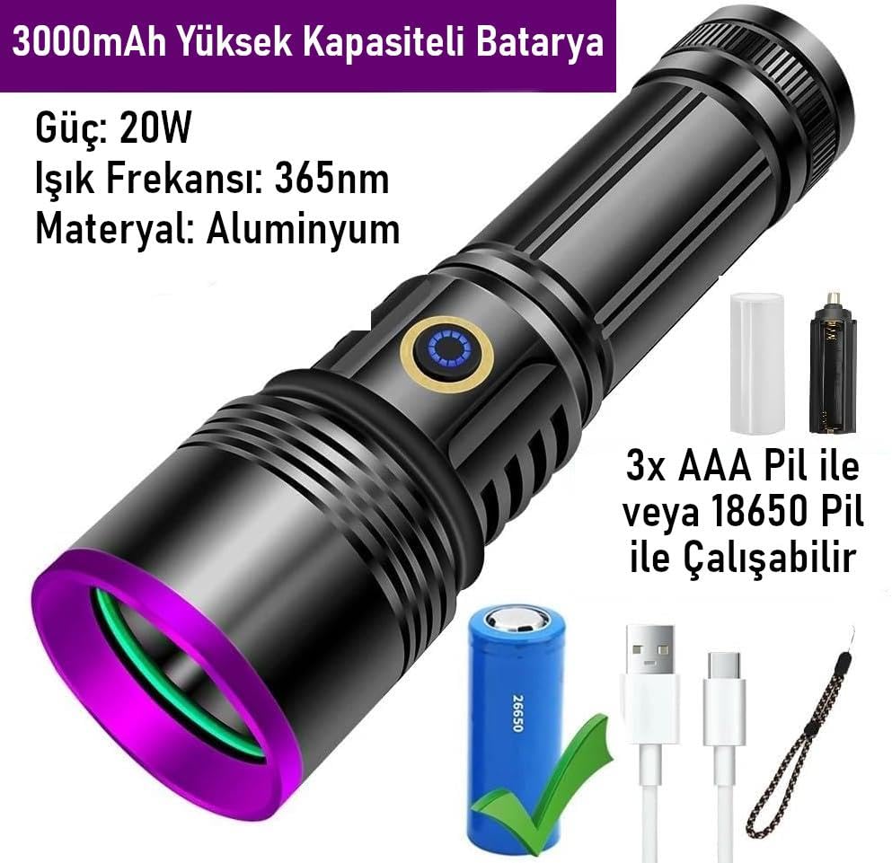 Valkyrie 365nm LED UV El Feneri 20W Güç | 3000mAh Şarjlı Alüminyum Gövde Profesyonel Kullanım