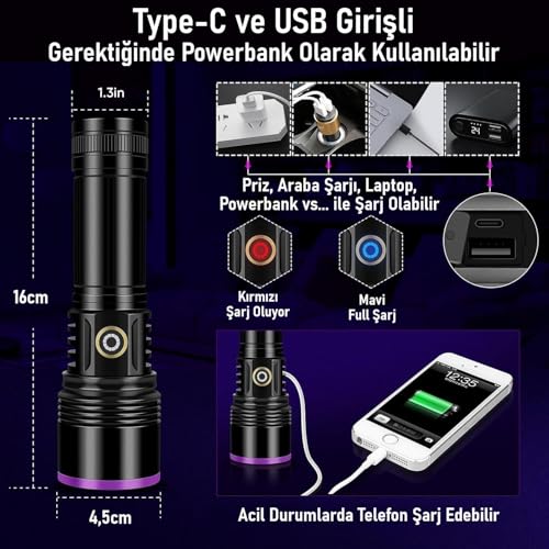 Valkyrie 365nm LED UV El Feneri 20W Güç | 3000mAh Şarjlı Alüminyum Gövde Profesyonel Kullanım