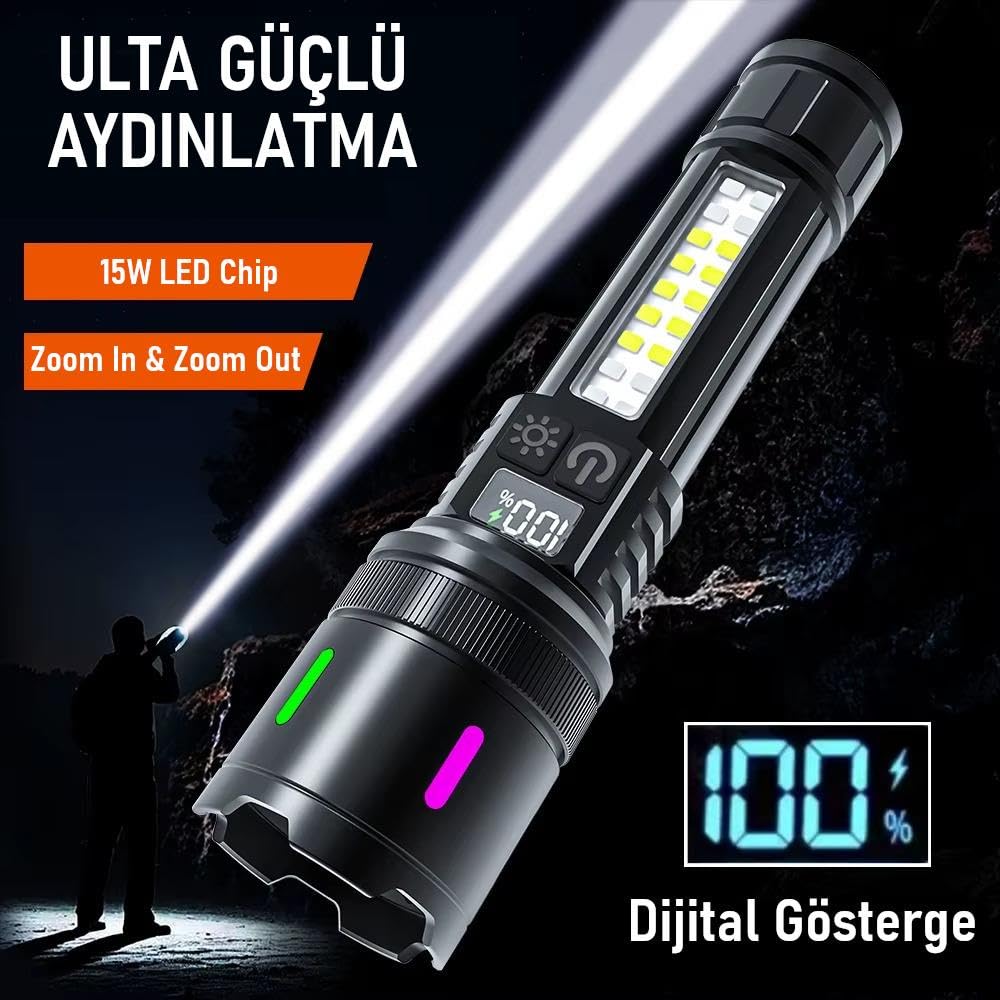 Valkyrie Şarjlı 15W Led 7 Işık Modu Çakarlı Zoom Özellikli Dijital Güç Göstergeli Uzun Pil Ömrü