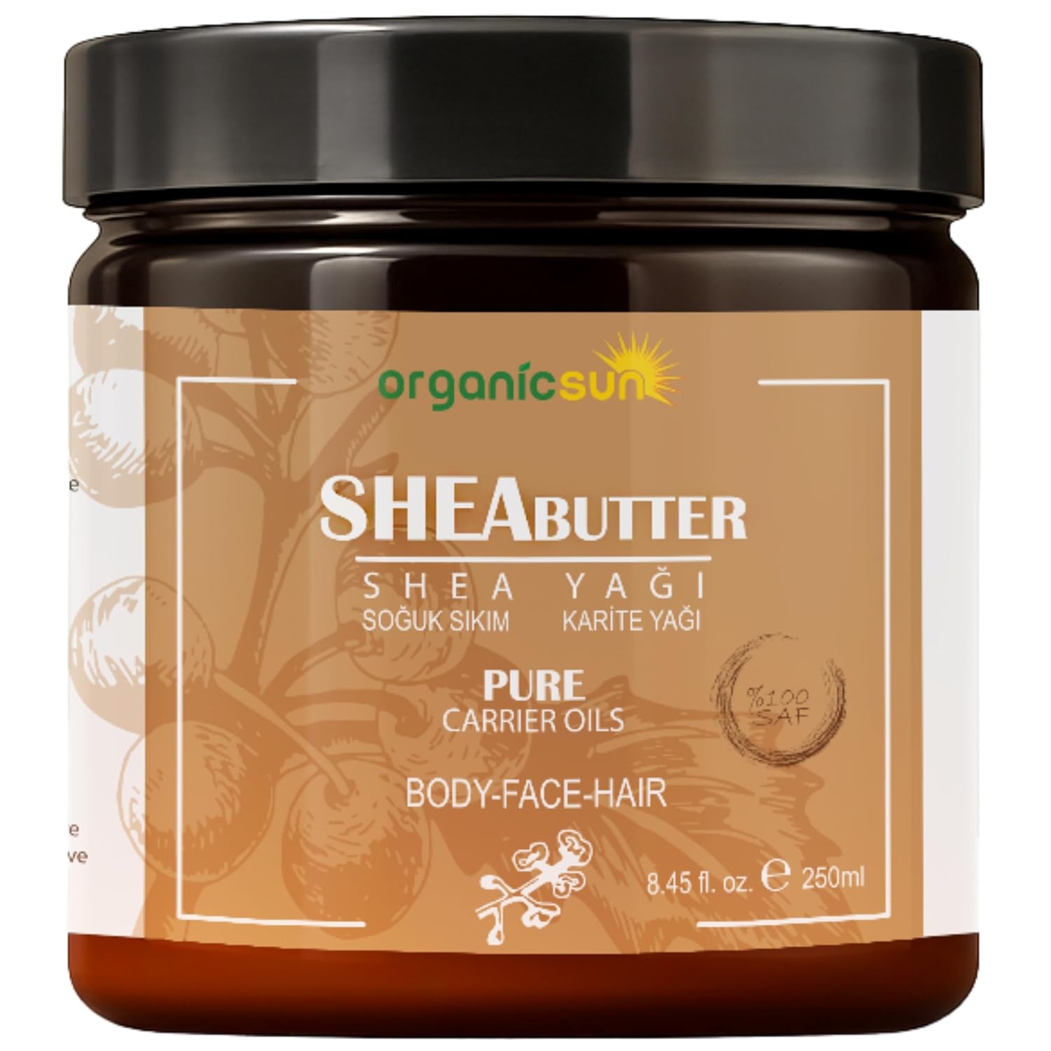 Organicsun Shea Yağı 250 ML |%100 Ham, Soğuk Pres, Rafine Edilmemiş, Shea Butter Karite | Kuru Cilt, Saç, Dudak, Topuk Bakımı
