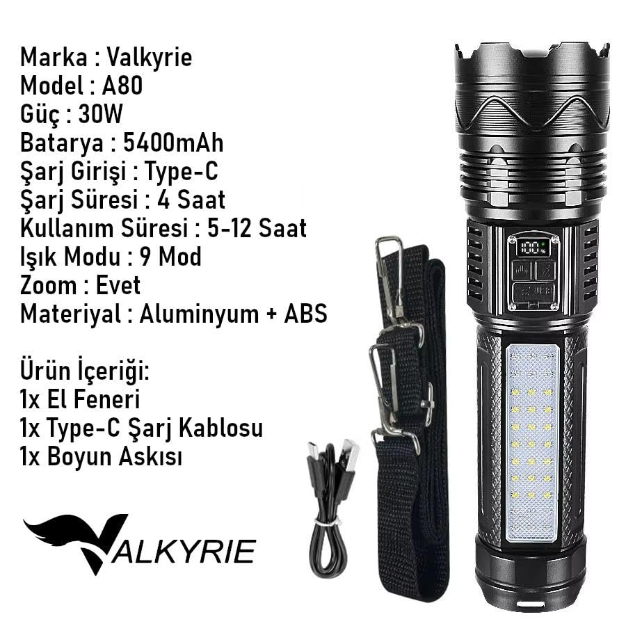 Valkyrie Şarjlı El Feneri 5400mAh 30W 9 Mod Powerbank Özellikli 6KM Aydınlatma