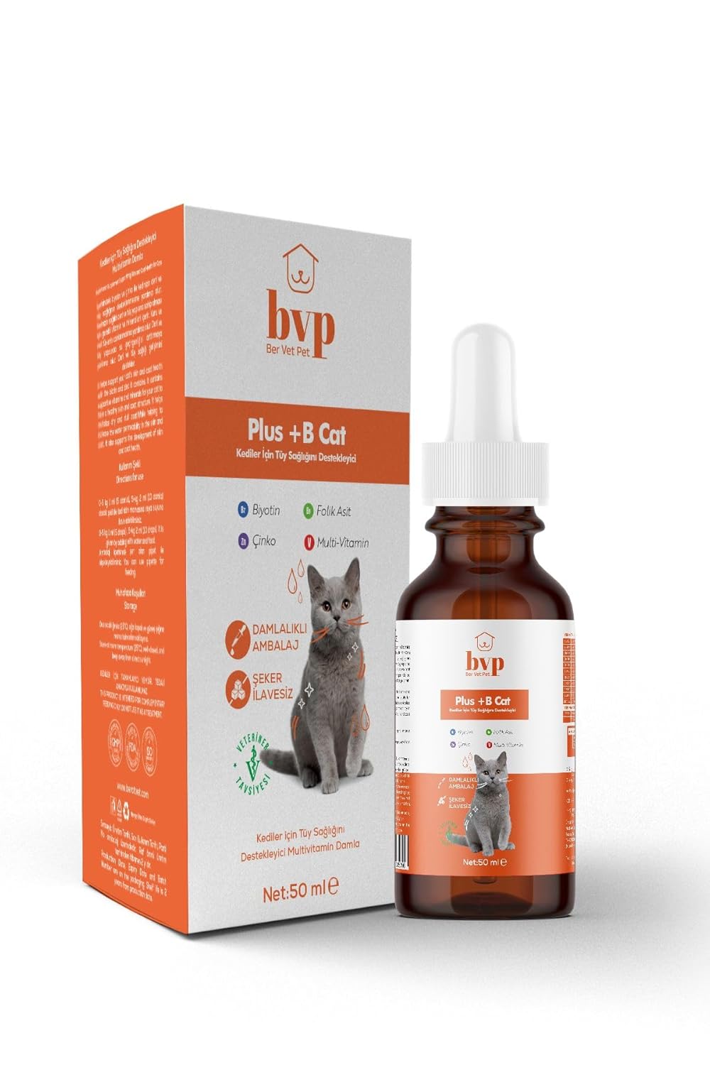 Ber vet pet Kedi Tüy Dökülme Önleyici Multivitamin Damla, Tüy Bakımı, 50ml