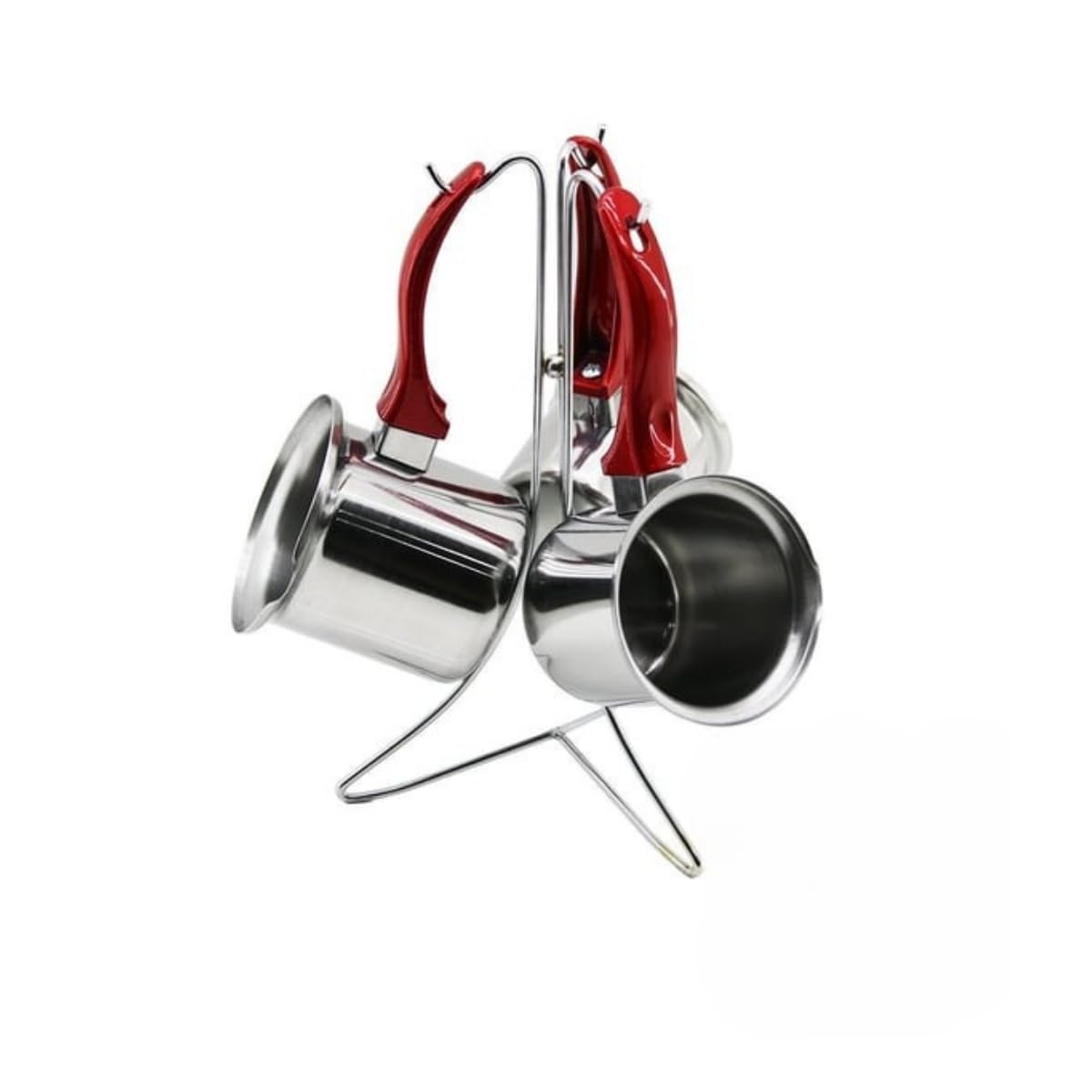 Üçlü Cezve Takımı – Paslanmaz Çelik, Isıya Dayanıklı Saplı, Askılı Standlı Türk Kahvesi ve Süt Isıtma Seti