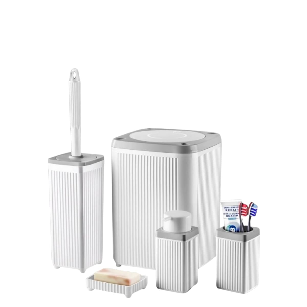 5 Parça Lüks Banyo Seti – Çöp Kovası, Tuvalet Fırçası, Sıvı Sabunluk, Diş Fırçalık ve Sabunluk – Şık ve Dayanıklı Banyo Aksesuar Seti