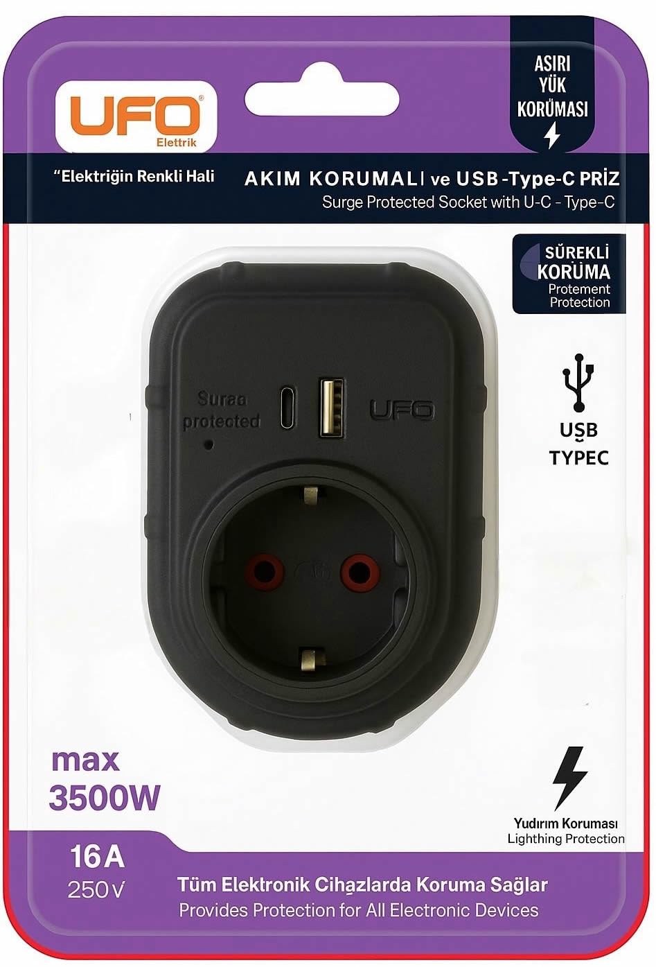 UFO Yeni Tekli Akım Korumalı 5V 2,4A USB ve Type-C ile Hızlı Şarj, Topraklı Priz, Sürekli Koruma, 16A 250V, Max 3500W Aşırı Yük Koruması (Siyah)