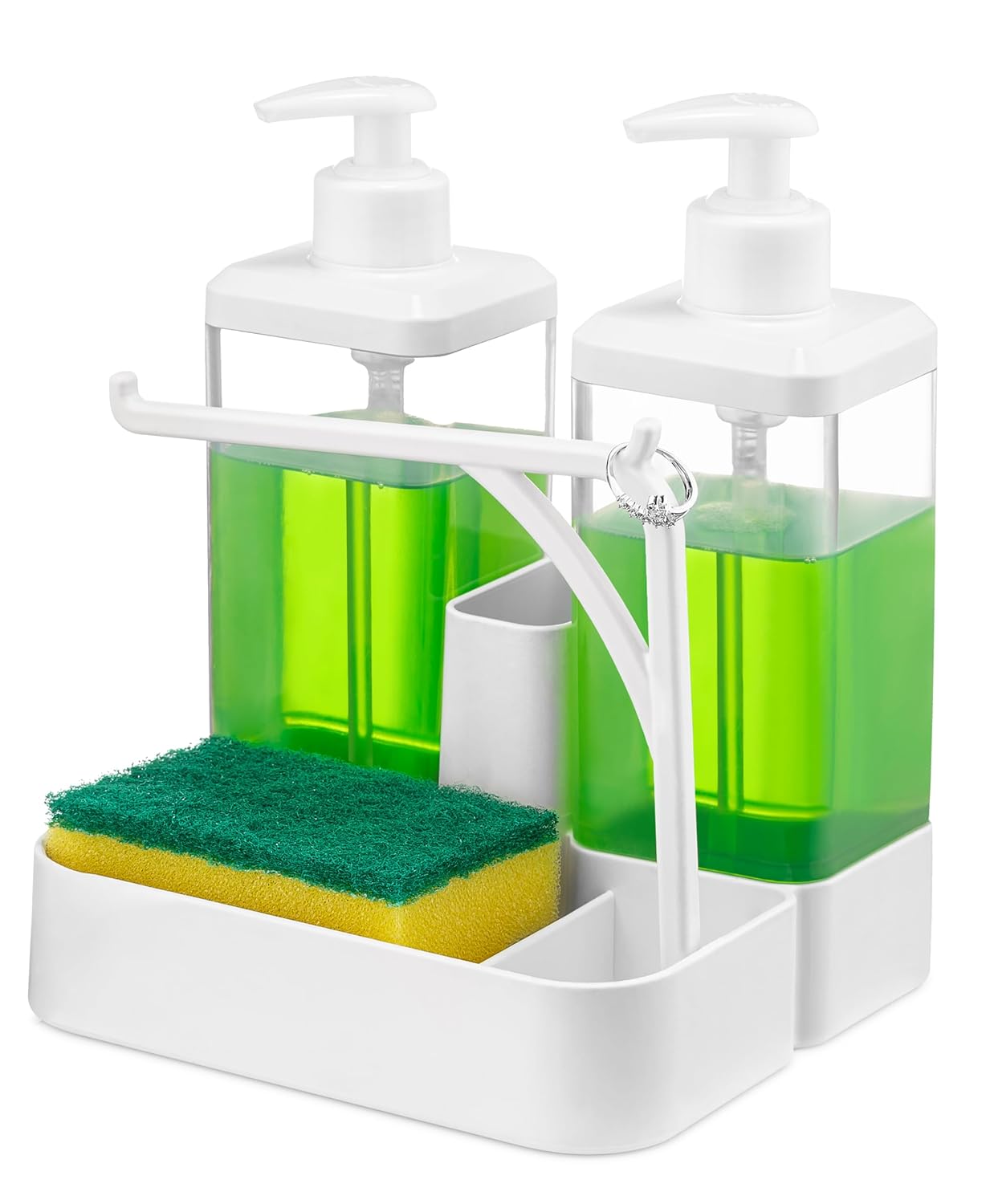 İKİLİ SIVI SABUNLUK VE SETİ - Yüzük Bez Askılı Sünger Hazneli 2X350 ml 2li Sıvı Sabunluk